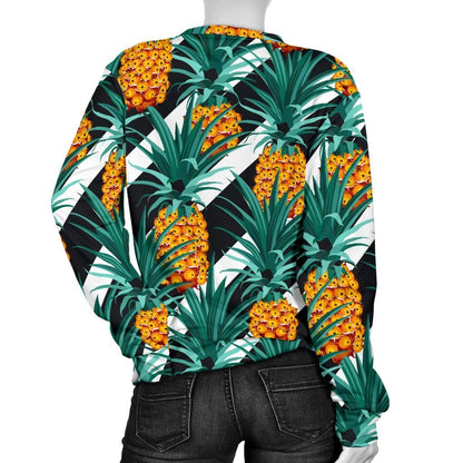 Pineapple Striped Pattern Print Women's Crewneck Sweatshirt GearFrost