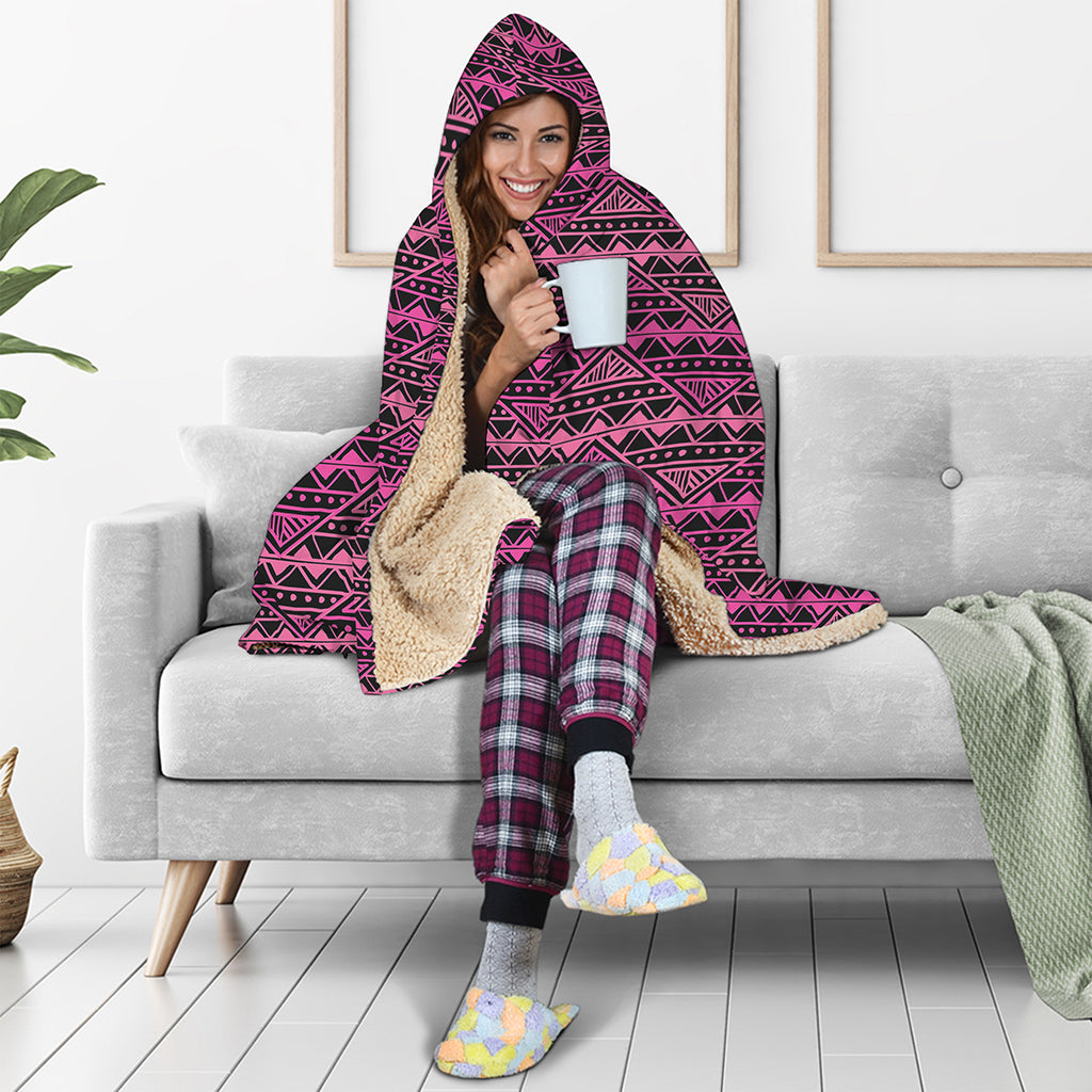 Pink African Ethnic Pattern Print Hooded Blanket