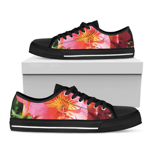 Pink Alstroemeria Print Black Low Top Shoes