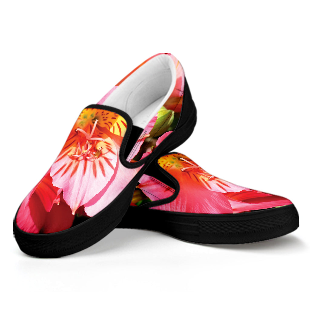 Pink Alstroemeria Print Black Slip On Shoes