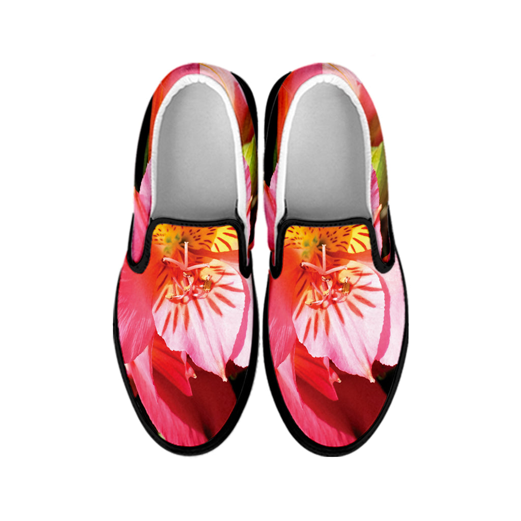 Pink Alstroemeria Print Black Slip On Shoes