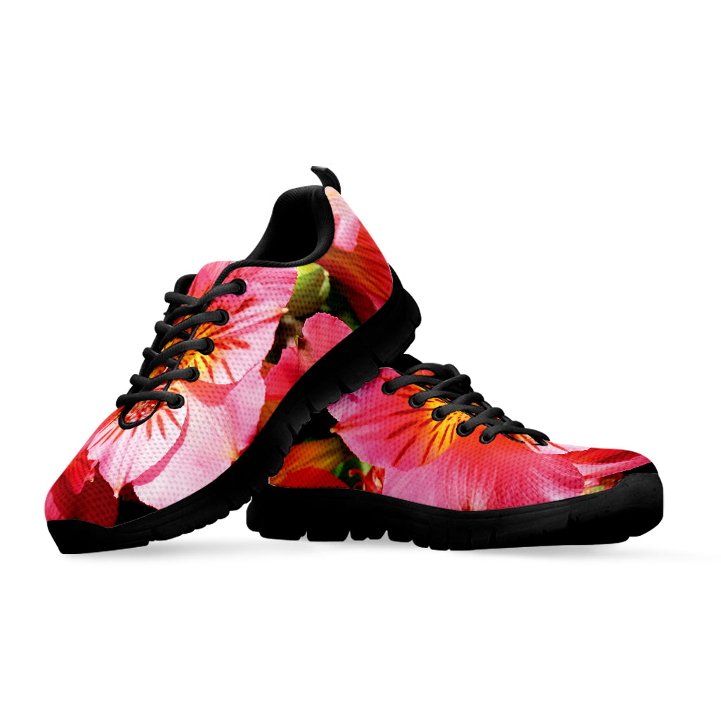 Pink Alstroemeria Print Black Sneakers