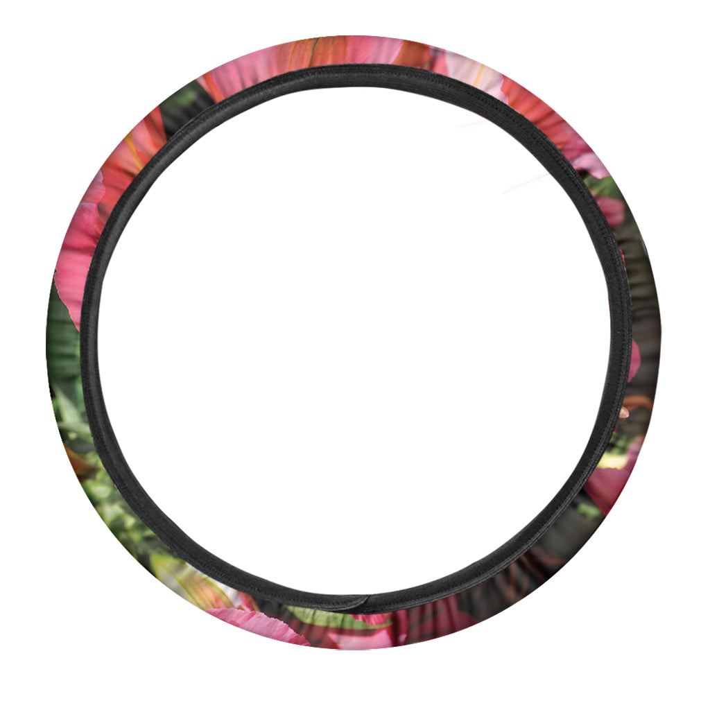Pink Alstroemeria Print Car Steering Wheel Cover