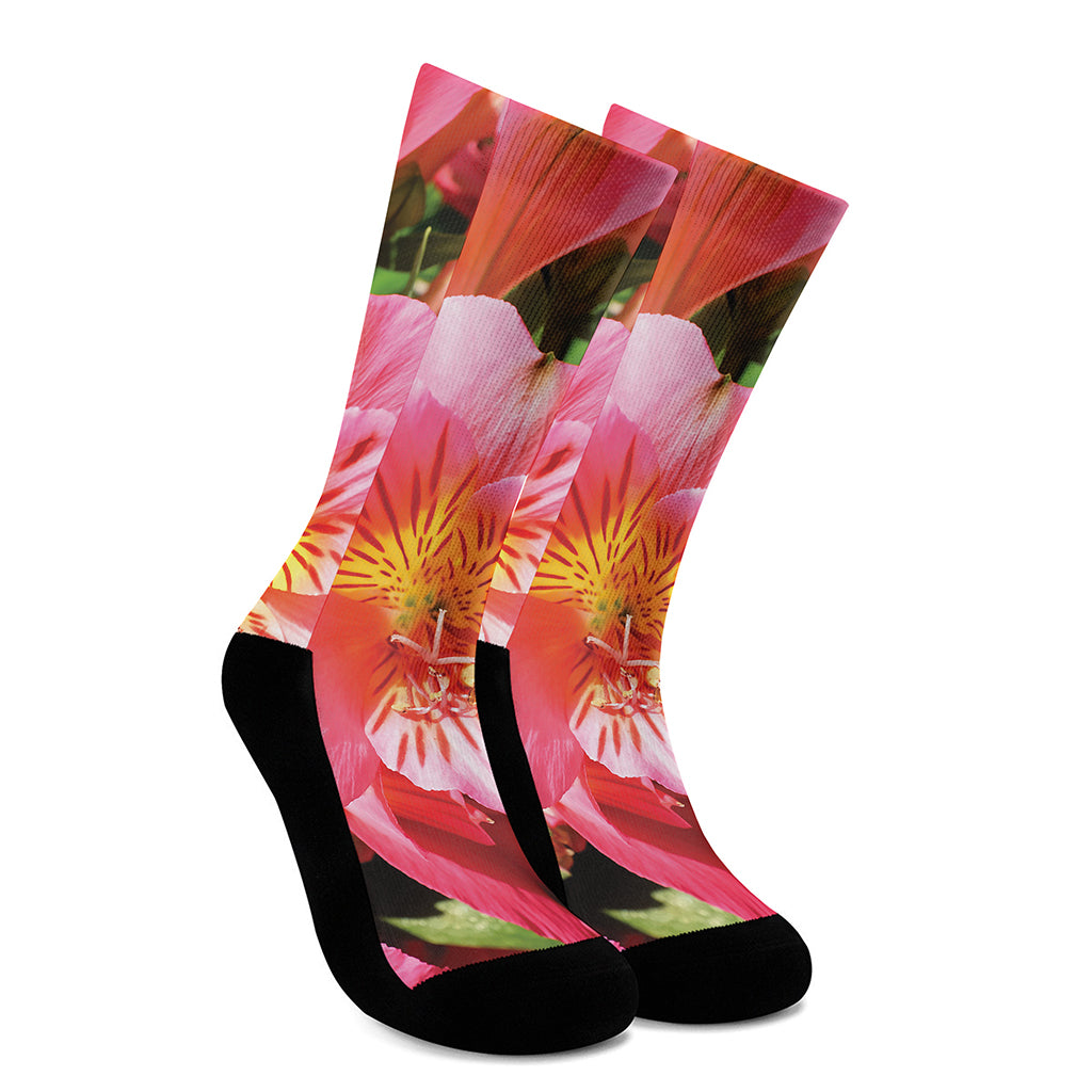 Pink Alstroemeria Print Crew Socks