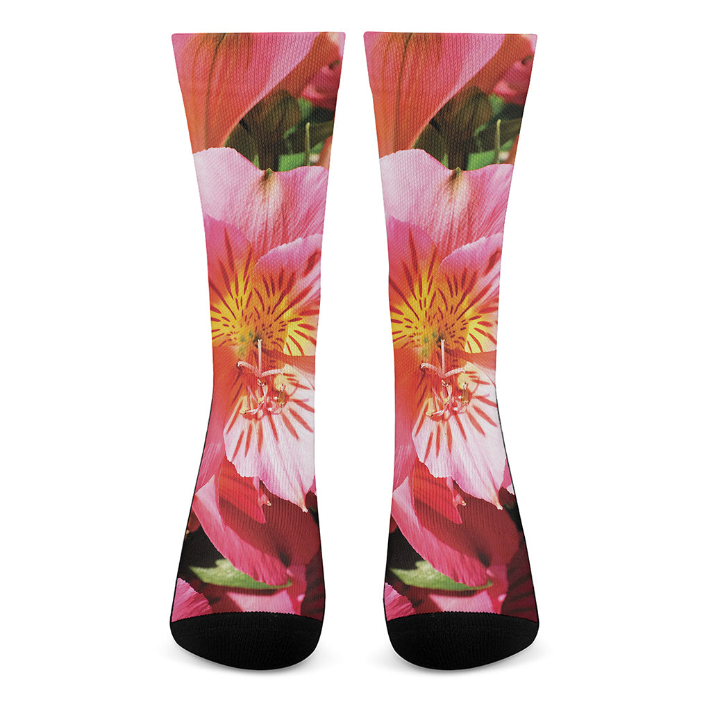 Pink Alstroemeria Print Crew Socks