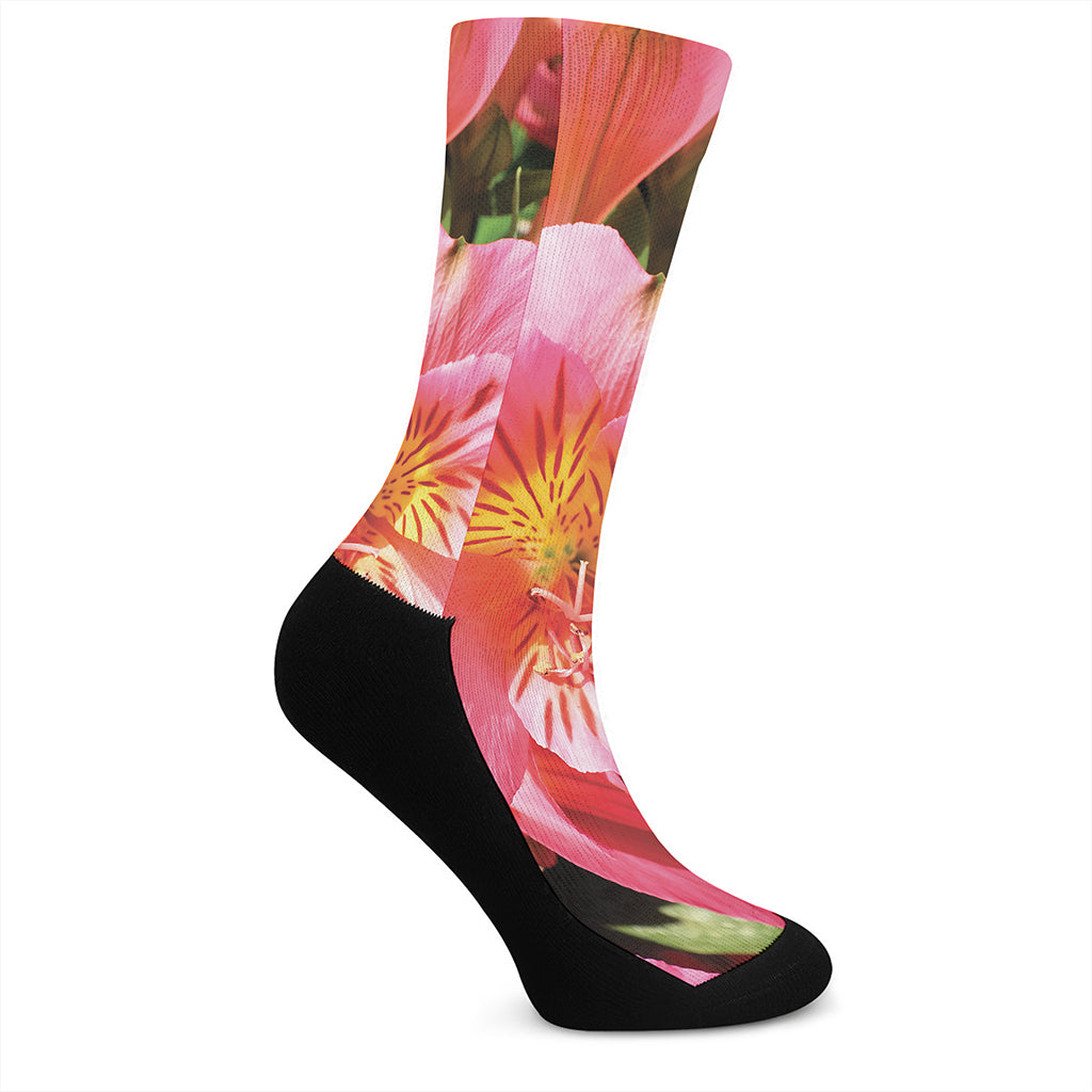 Pink Alstroemeria Print Crew Socks