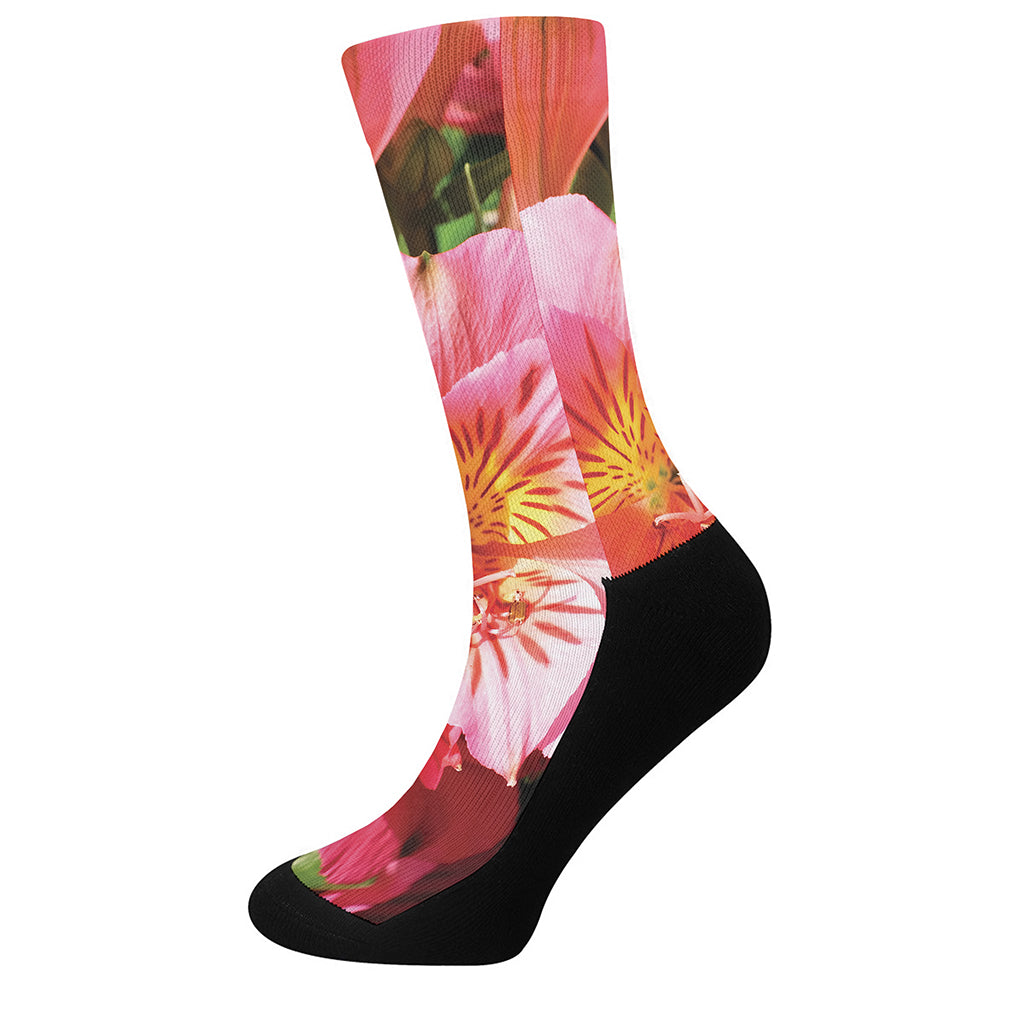 Pink Alstroemeria Print Crew Socks