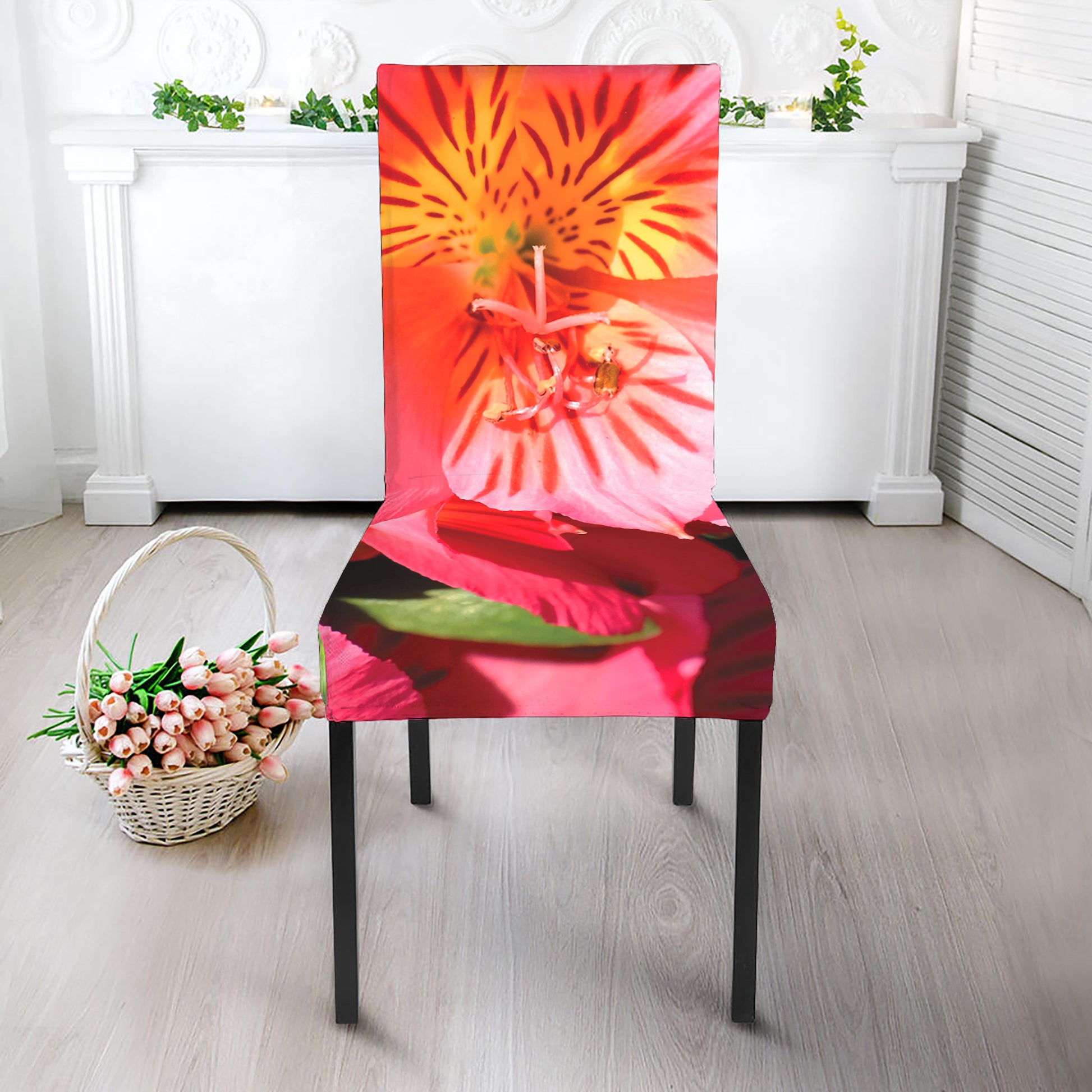 Pink Alstroemeria Print Dining Chair Slipcover