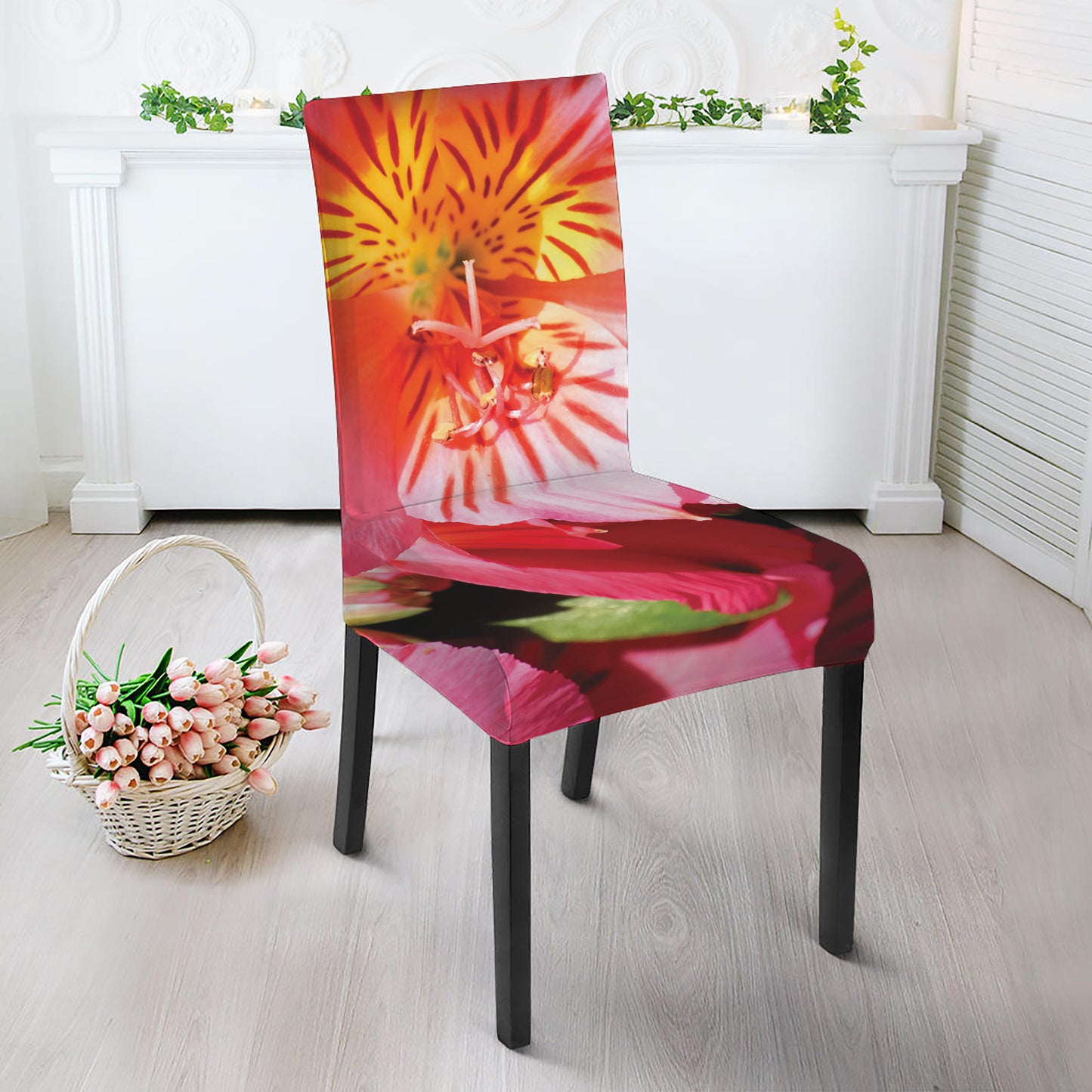 Pink Alstroemeria Print Dining Chair Slipcover