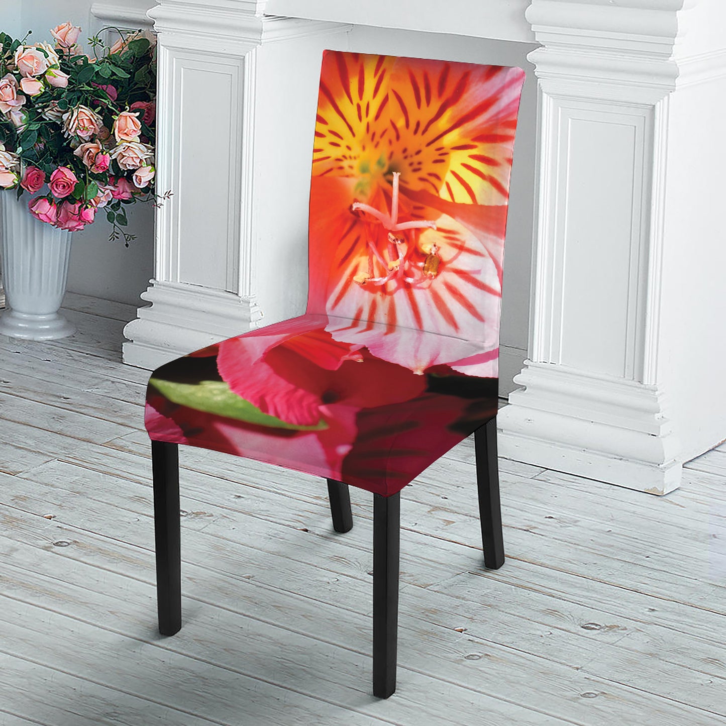 Pink Alstroemeria Print Dining Chair Slipcover