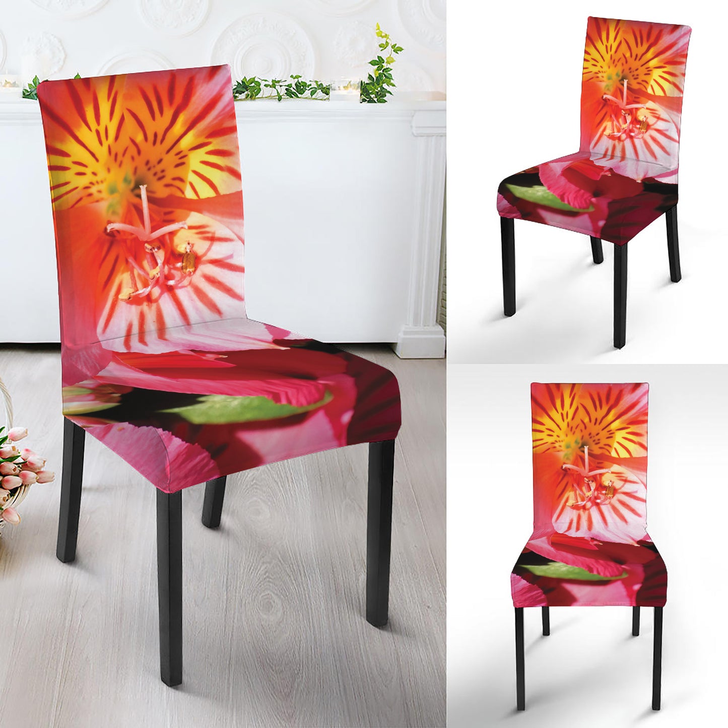 Pink Alstroemeria Print Dining Chair Slipcover