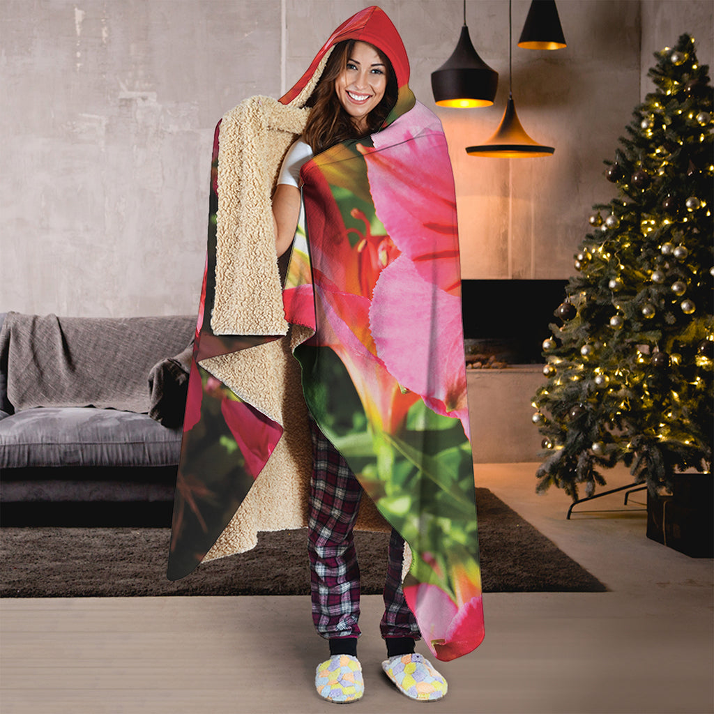 Pink Alstroemeria Print Hooded Blanket