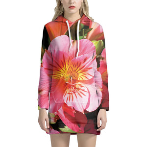 Pink Alstroemeria Print Hoodie Dress