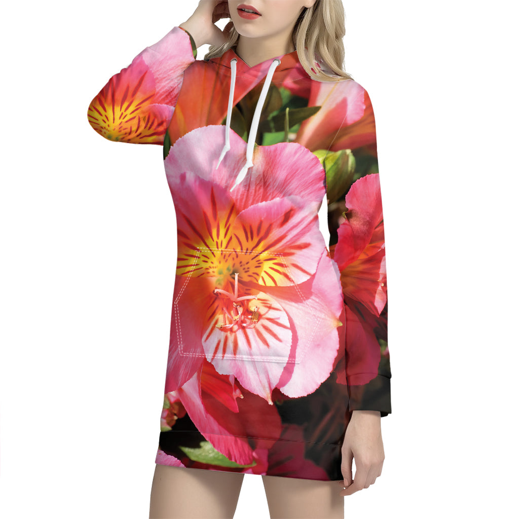 Pink Alstroemeria Print Hoodie Dress