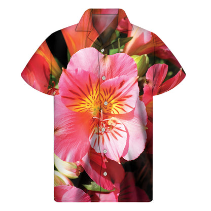Pink Alstroemeria Print Men's Short Sleeve Shirt