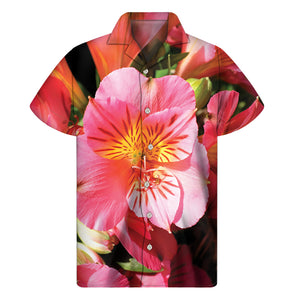 Pink Alstroemeria Print Men's Short Sleeve Shirt