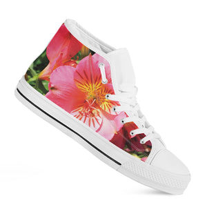 Pink Alstroemeria Print White High Top Shoes