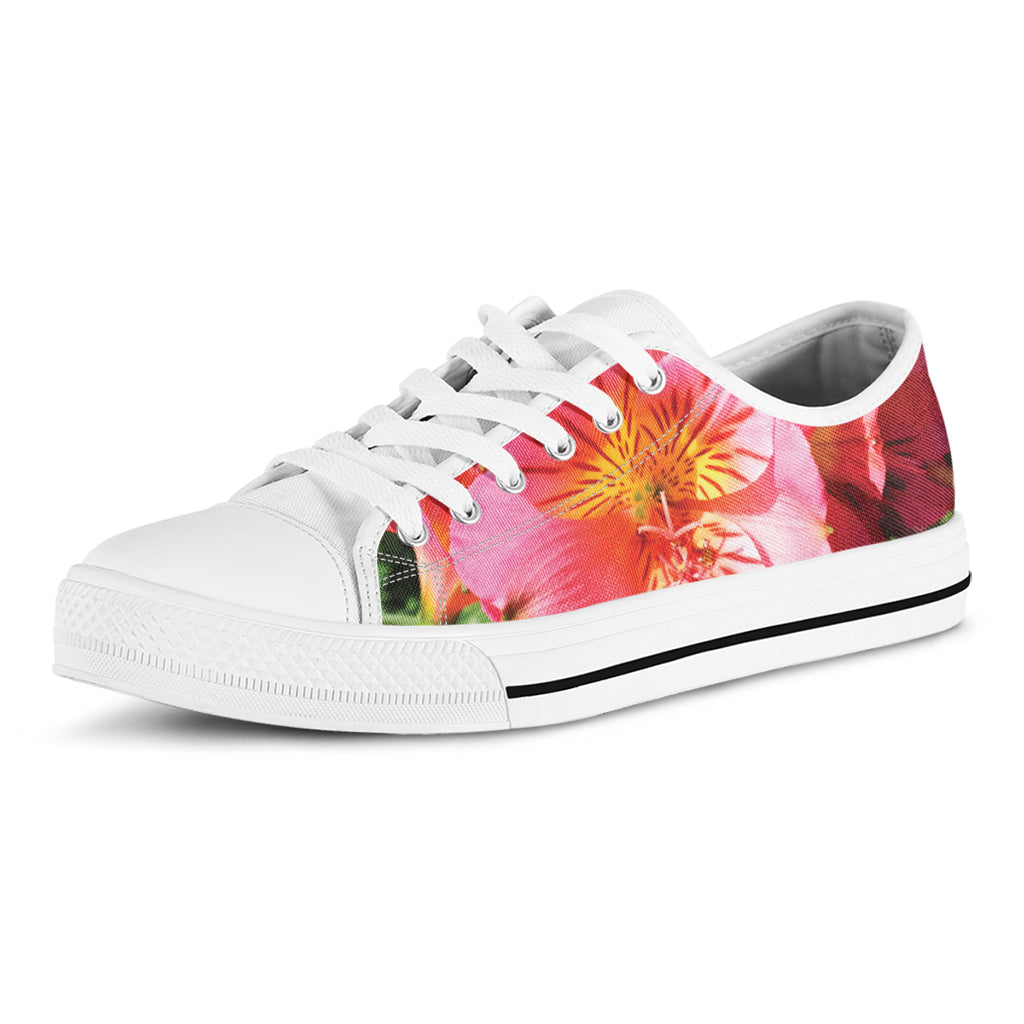 Pink Alstroemeria Print White Low Top Shoes