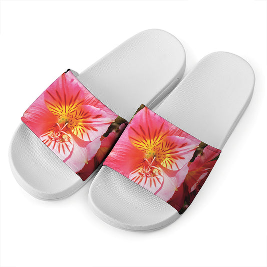Pink Alstroemeria Print White Slide Sandals