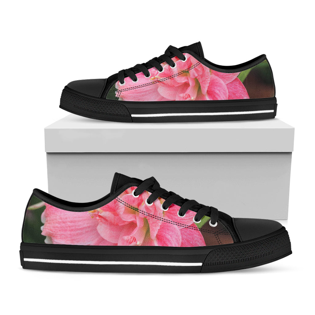 Pink Amaryllis Print Black Low Top Shoes