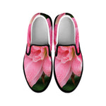 Pink Amaryllis Print Black Slip On Shoes