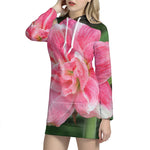 Pink Amaryllis Print Hoodie Dress