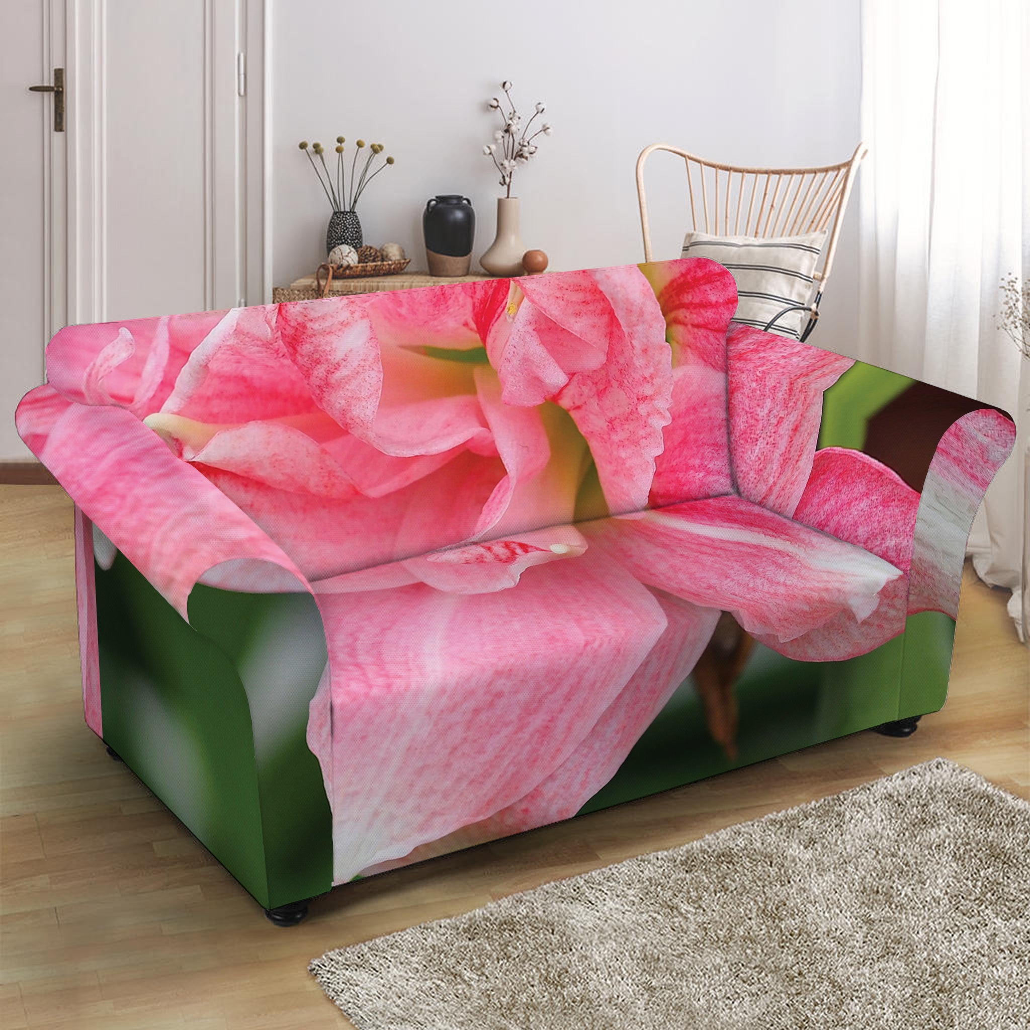 Pink Amaryllis Print Loveseat Slipcover