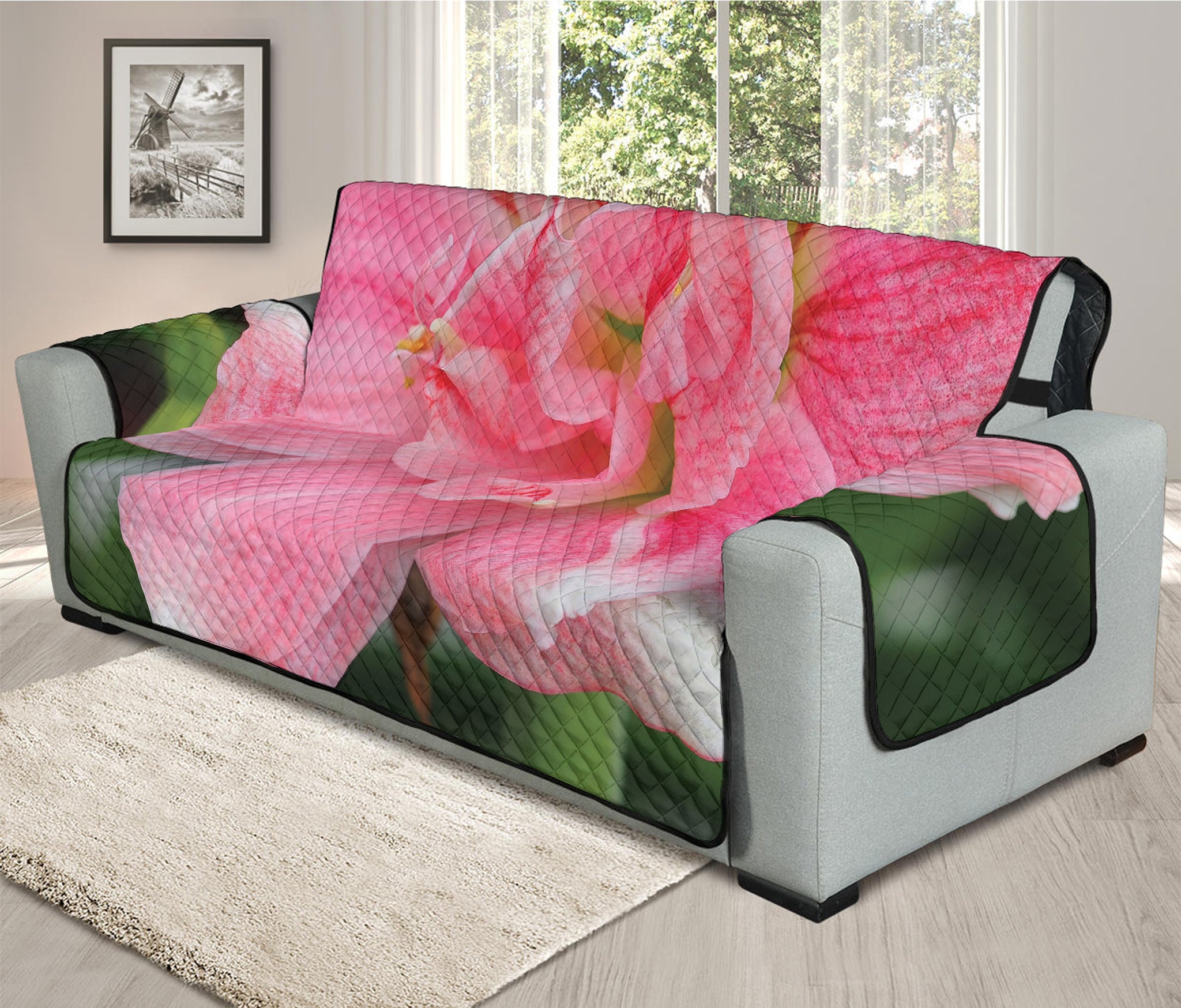 Pink Amaryllis Print Oversized Sofa Protector