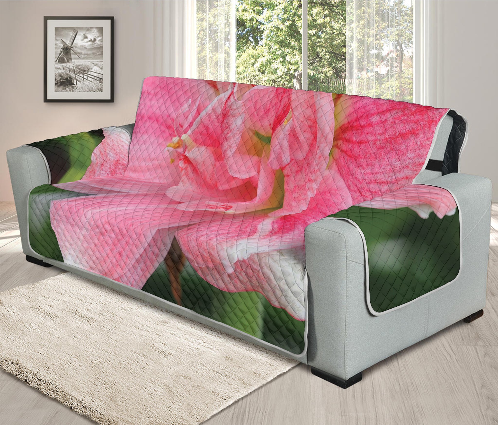 Pink Amaryllis Print Oversized Sofa Protector