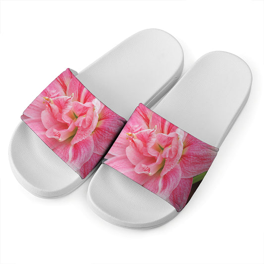 Pink Amaryllis Print White Slide Sandals