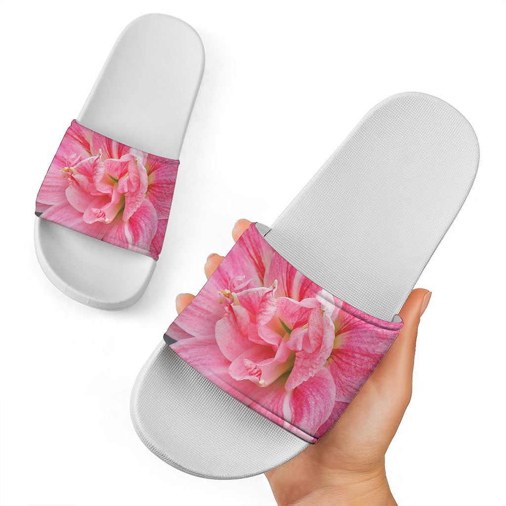 Pink Amaryllis Print White Slide Sandals