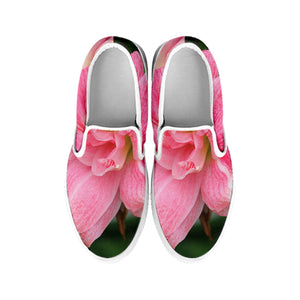 Pink Amaryllis Print White Slip On Shoes