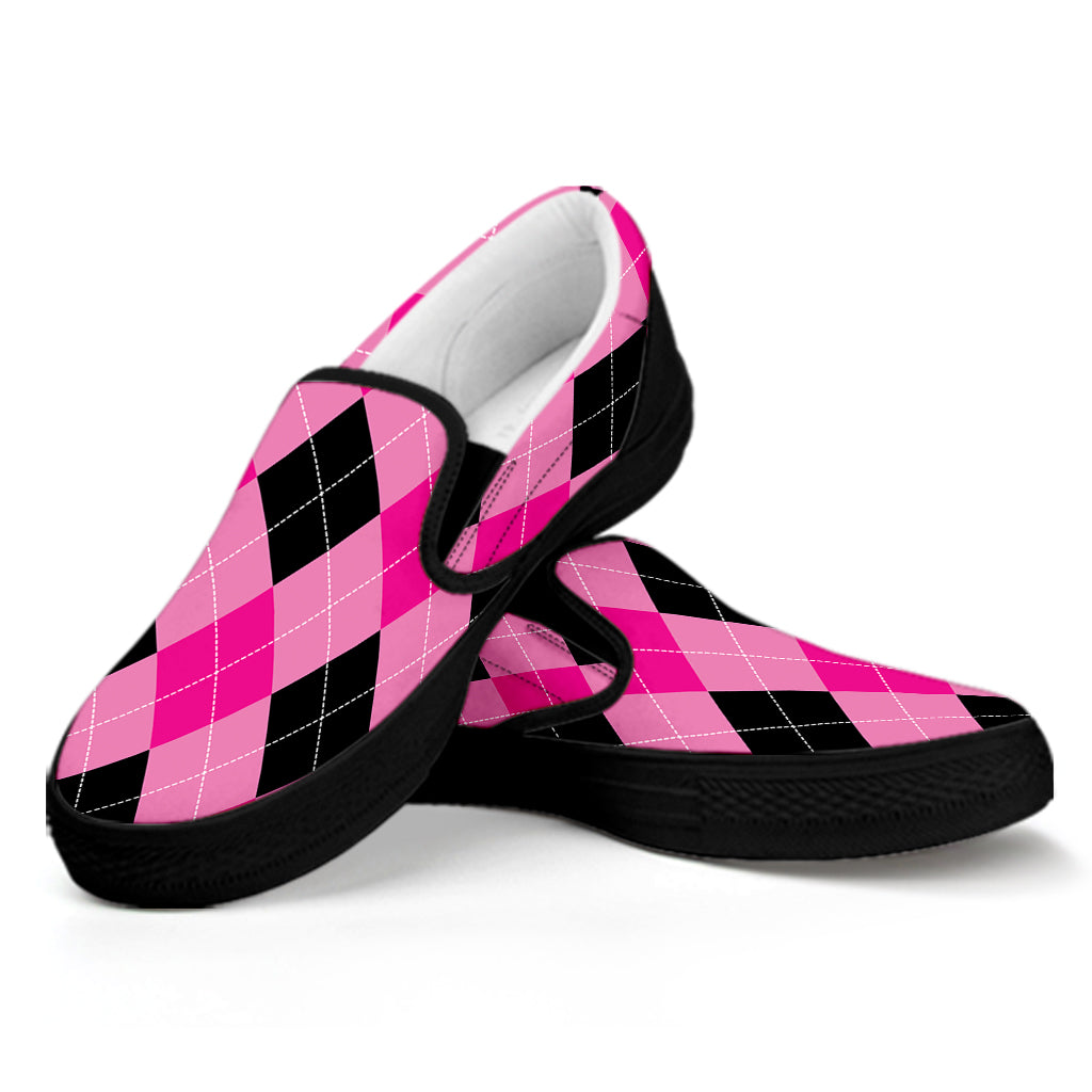 Pink And Black Argyle Pattern Print Black Slip On Shoes