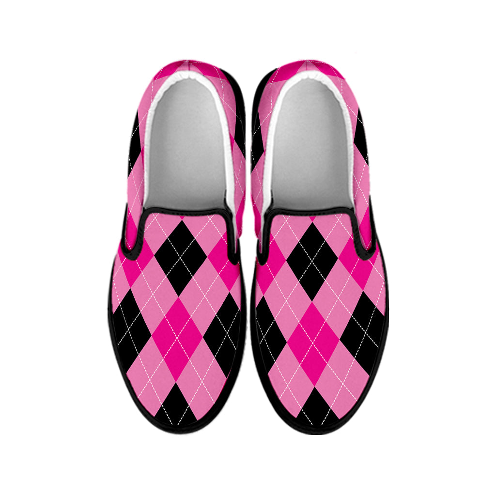 Pink And Black Argyle Pattern Print Black Slip On Shoes