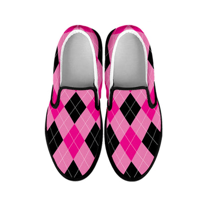 Pink And Black Argyle Pattern Print Black Slip On Shoes