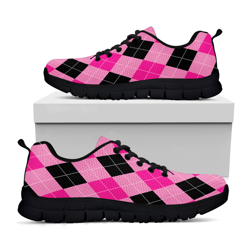 Pink And Black Argyle Pattern Print Black Sneakers