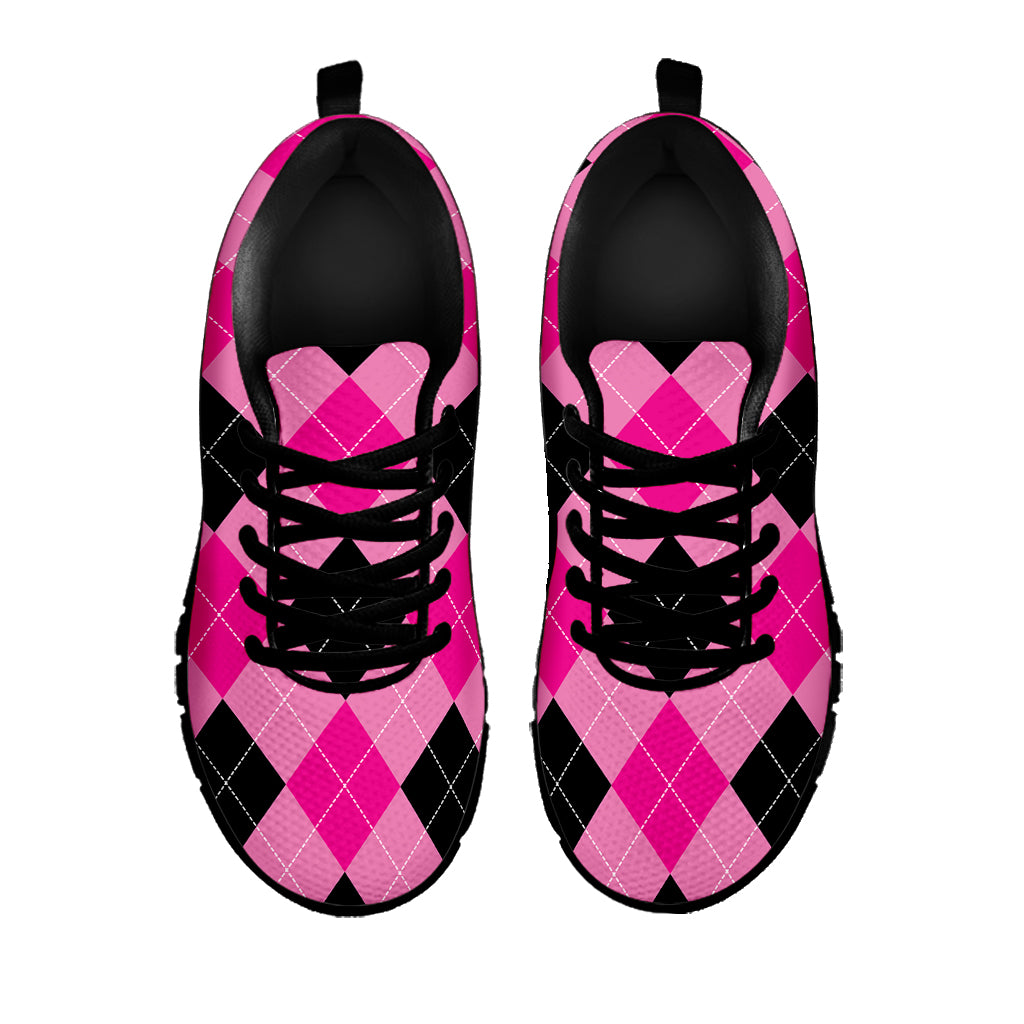 Pink And Black Argyle Pattern Print Black Sneakers