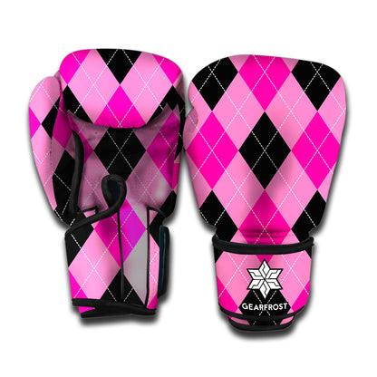 Pink And Black Argyle Pattern Print Boxing Gloves