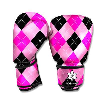 Pink And Black Argyle Pattern Print Boxing Gloves