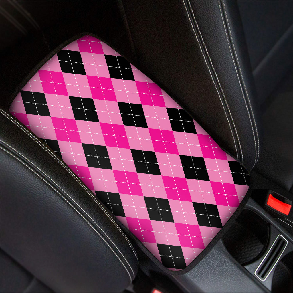 Pink And Black Argyle Pattern Print Car Center Console Cover