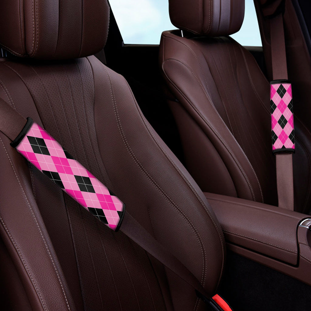 Pink And Black Argyle Pattern Print Car Seat Belt Covers