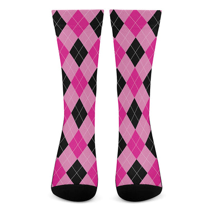 Pink And Black Argyle Pattern Print Crew Socks