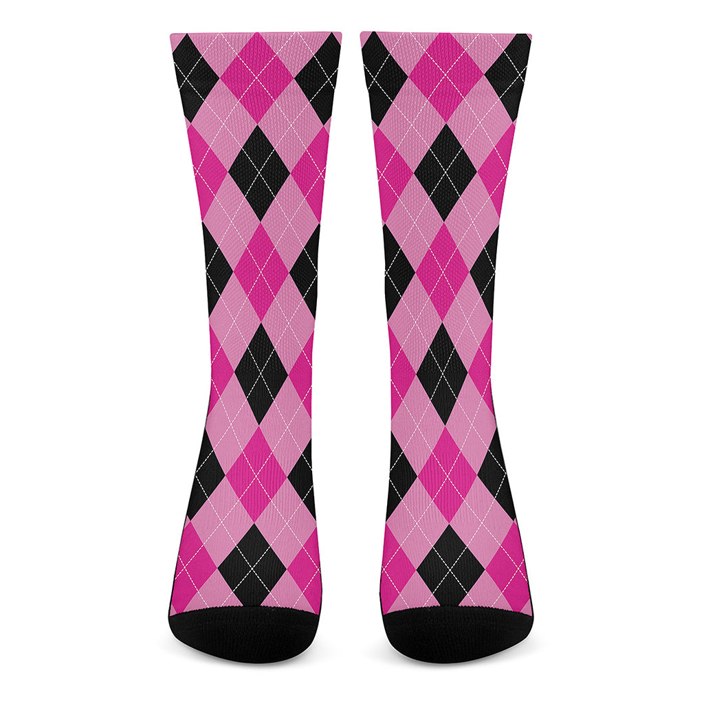 Pink And Black Argyle Pattern Print Crew Socks