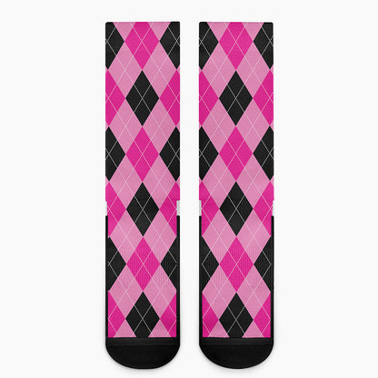 Pink And Black Argyle Pattern Print Crew Socks