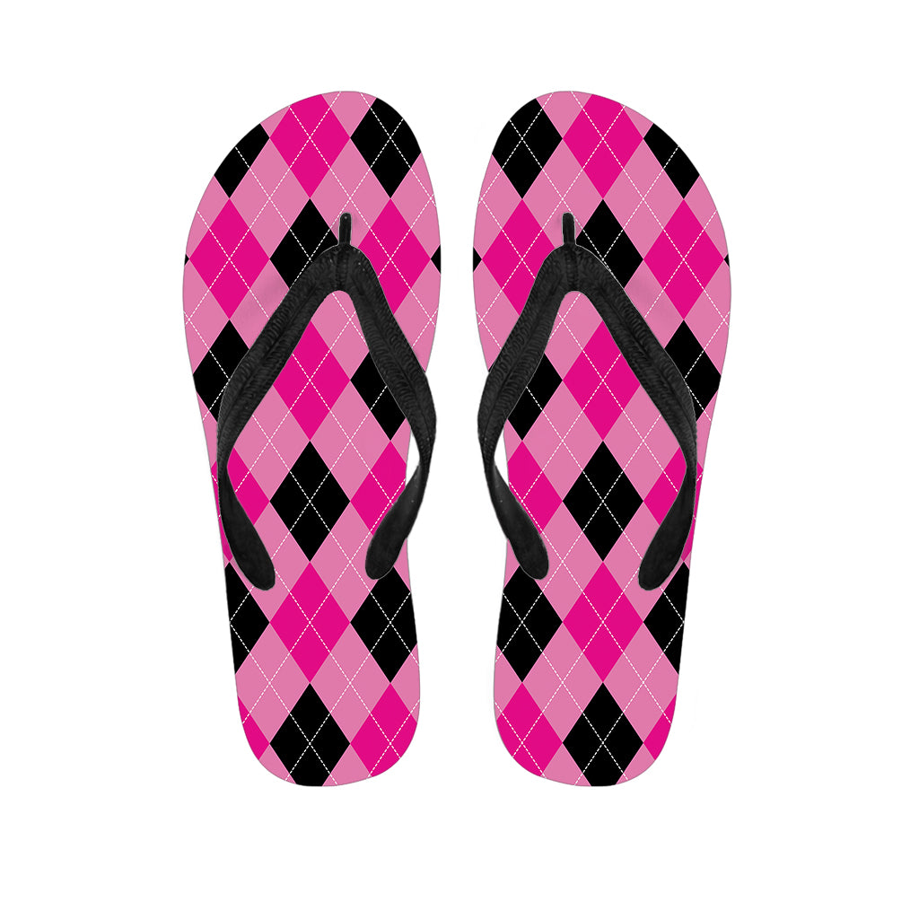 Pink And Black Argyle Pattern Print Flip Flops