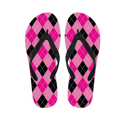 Pink And Black Argyle Pattern Print Flip Flops