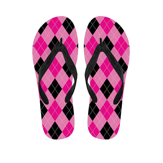Pink And Black Argyle Pattern Print Flip Flops
