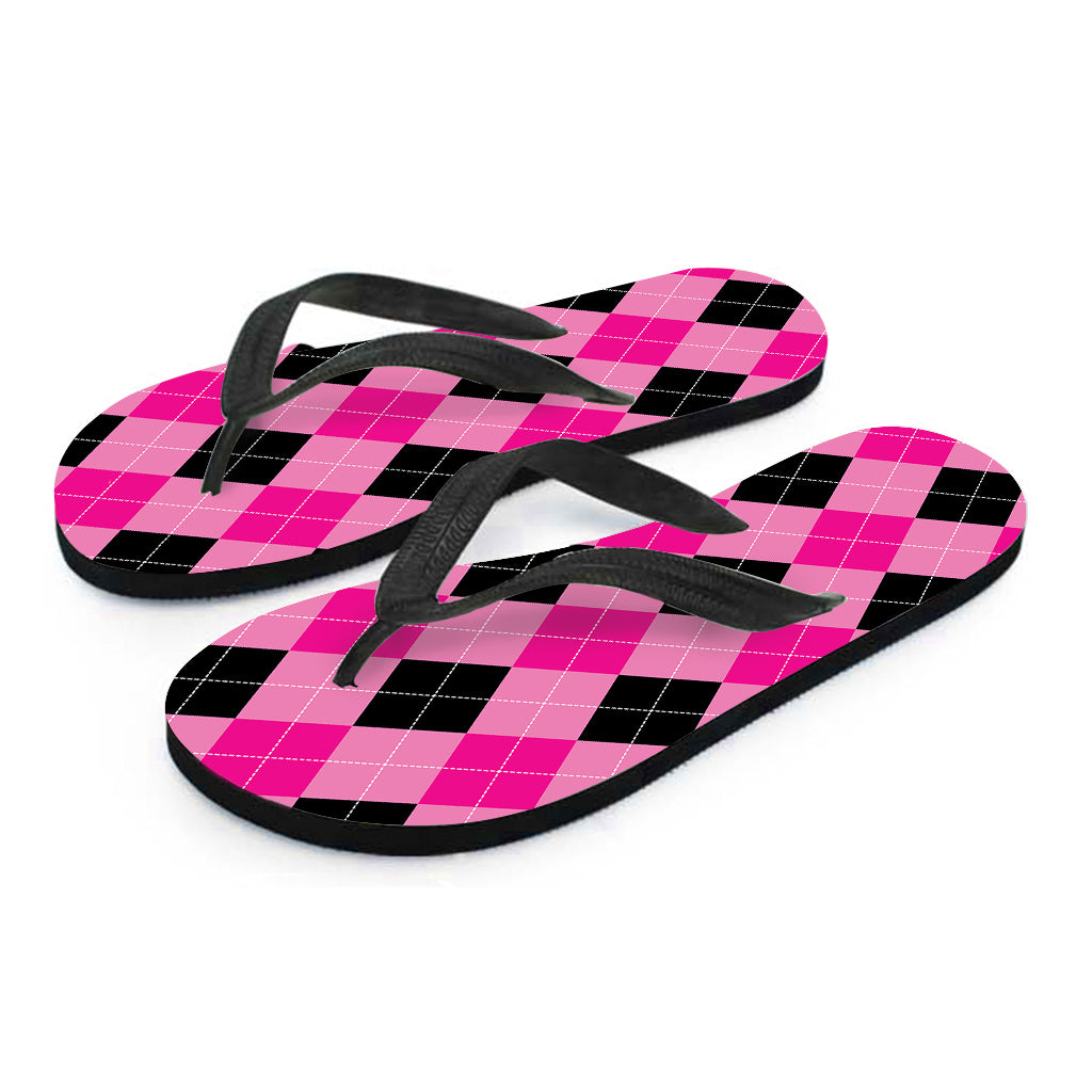 Pink And Black Argyle Pattern Print Flip Flops
