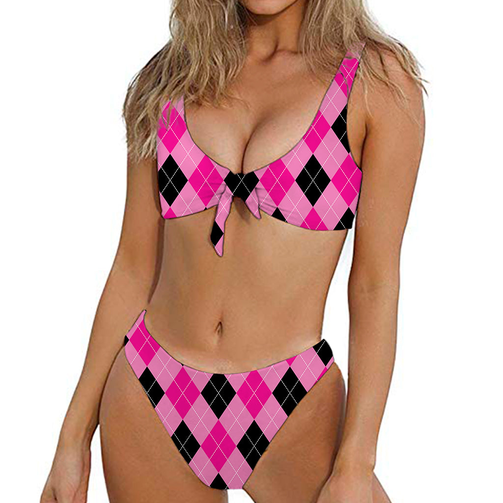Pink And Black Argyle Pattern Print Front Bow Tie Bikini