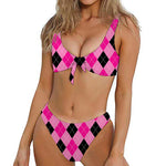 Pink And Black Argyle Pattern Print Front Bow Tie Bikini